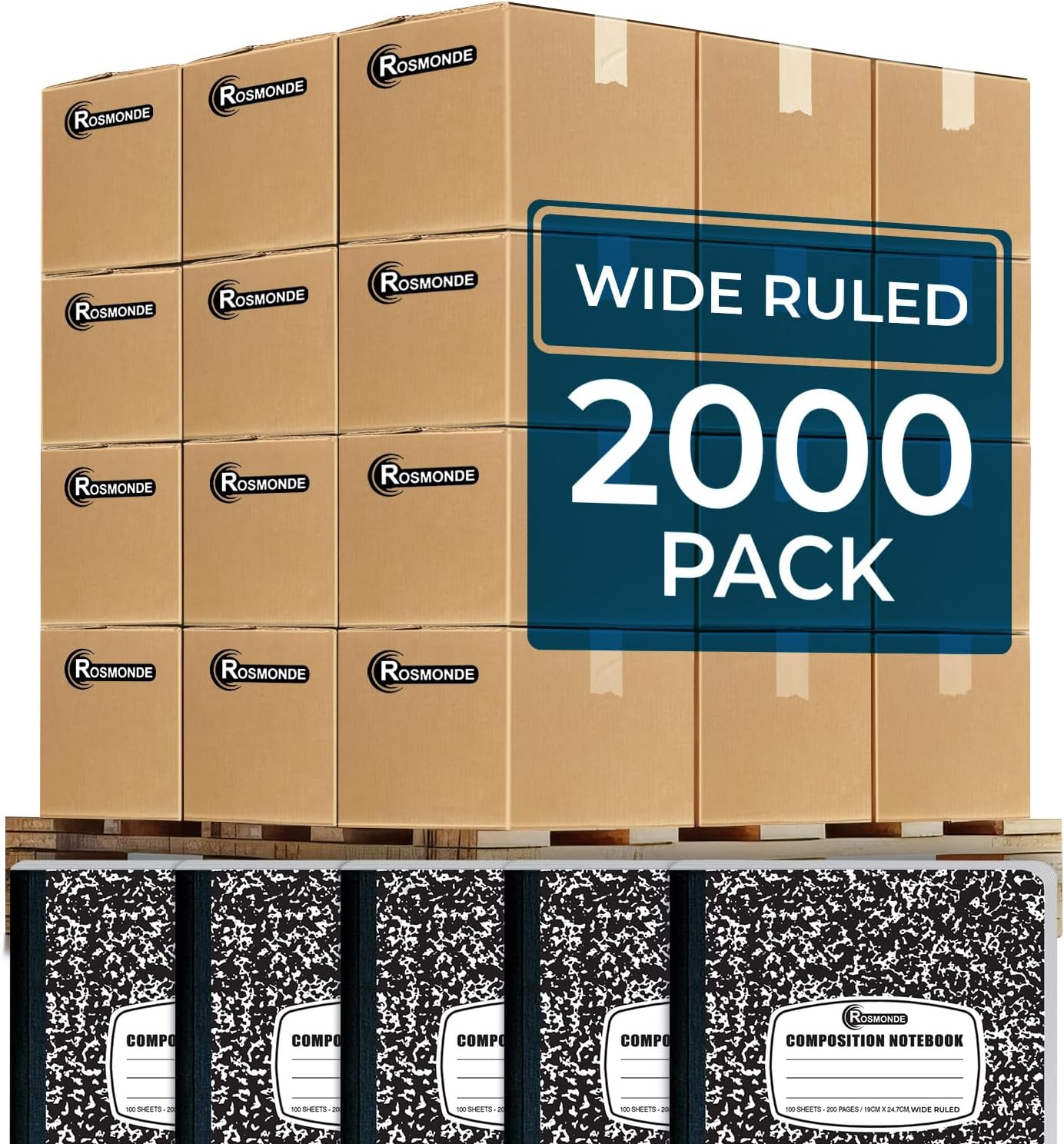2000 Pack (Pallet) Composition Notebooks Bulk, Wide Ruled, Full Pallet of Notebooks, 200 Pages (100 Sheets), 9-3/4 x 7-1/2, Bulk Notebooks for School, Bulk Office Notebooks, 4-7 Days Transit