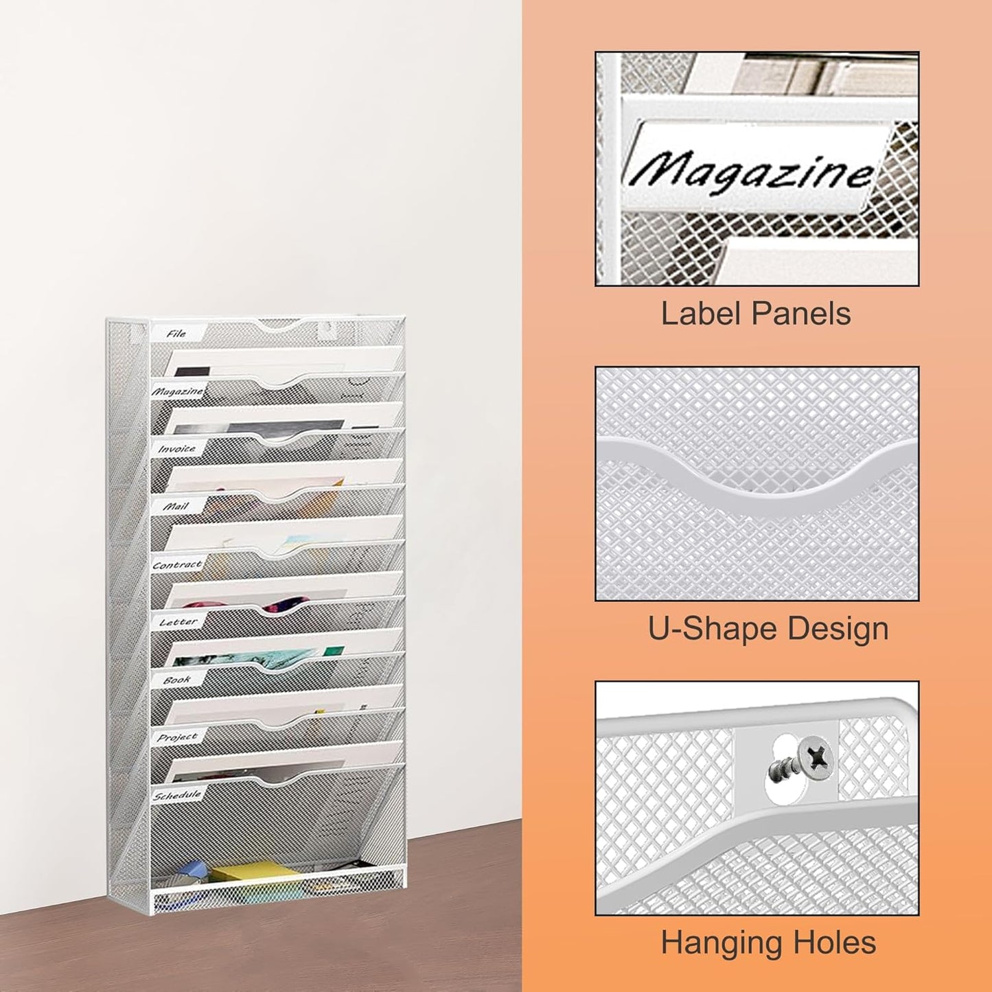 10 Tier Hanging Wall File Holder, Metal A4 Wall Mounted Document Holder, Vertical Hanging Mail Organizer, Magazine Storage Rack with Tray for Office Home Classroom, White