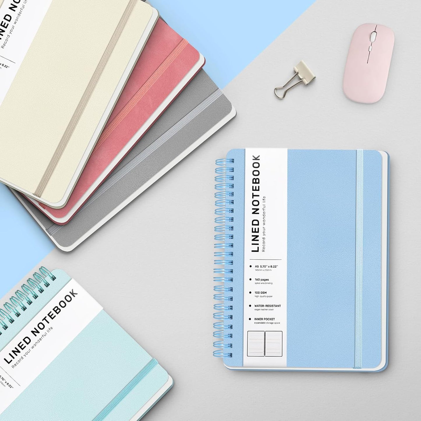 Lined Spiral Journal Notebook, A5 Hardcover Leather Notebook for Work, 5.7''×8.2'', 100GSM Thick Paper Spiral Bound Journaling Notebook for Women Men Office School Note Taking Business, Morandi Blue