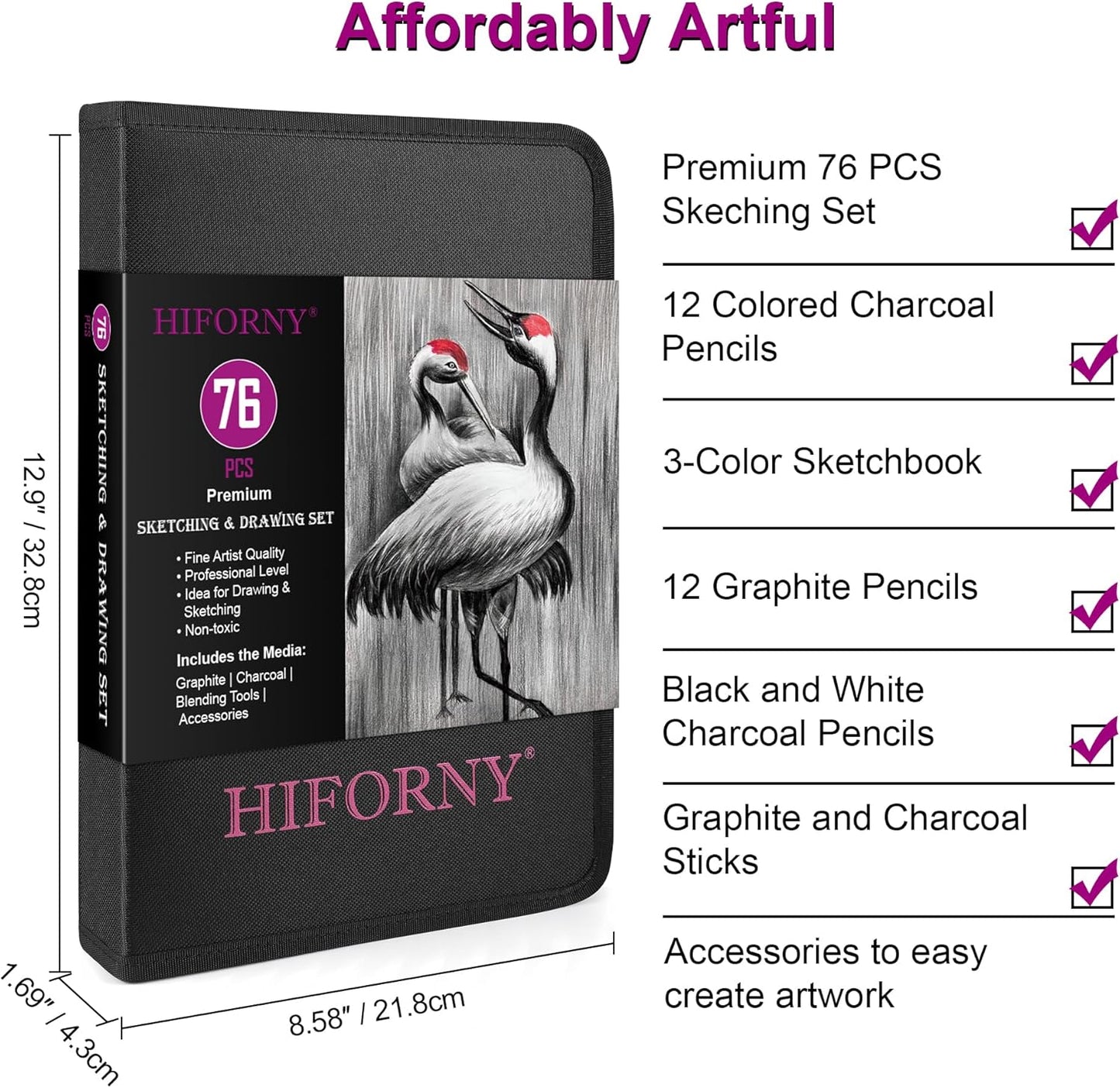 HIFORNY 76 PCS Drawing Set Sketching Kit,Sketch Pencils Art Supplies with Graphite,Charcoal,Blending Tools & Accessories,Portable Zippered Travel Case for Artists & Beginners