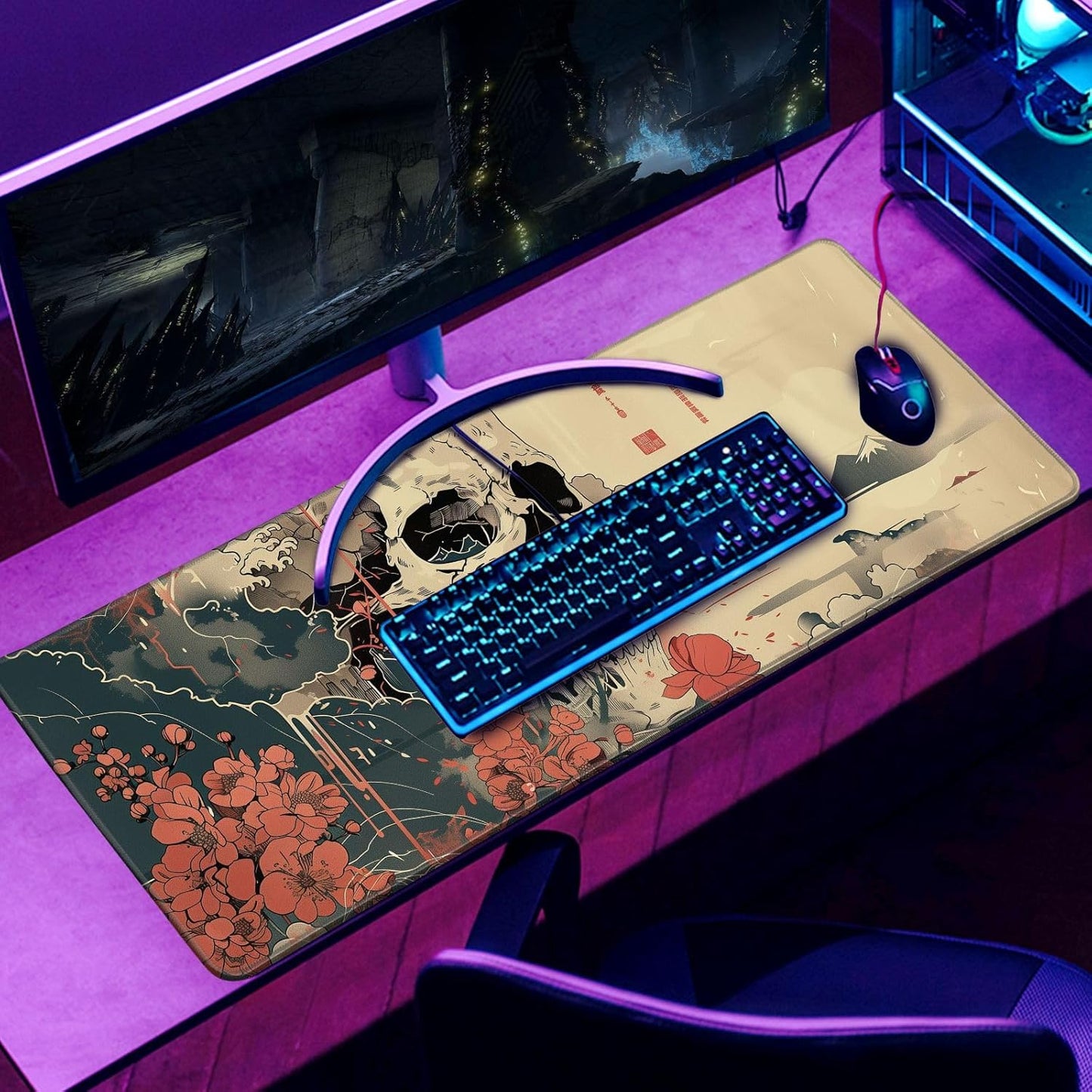 Skull Mouse Pad Japanese Ukiyo-e Mouse Pad XL Anime Big Mouse Pads for Desk Large Gaming Large Mouse Pad for Men Desk Pad with Stitched Edges Non-Slip Large Computer Mat, 31.5x11.8 in