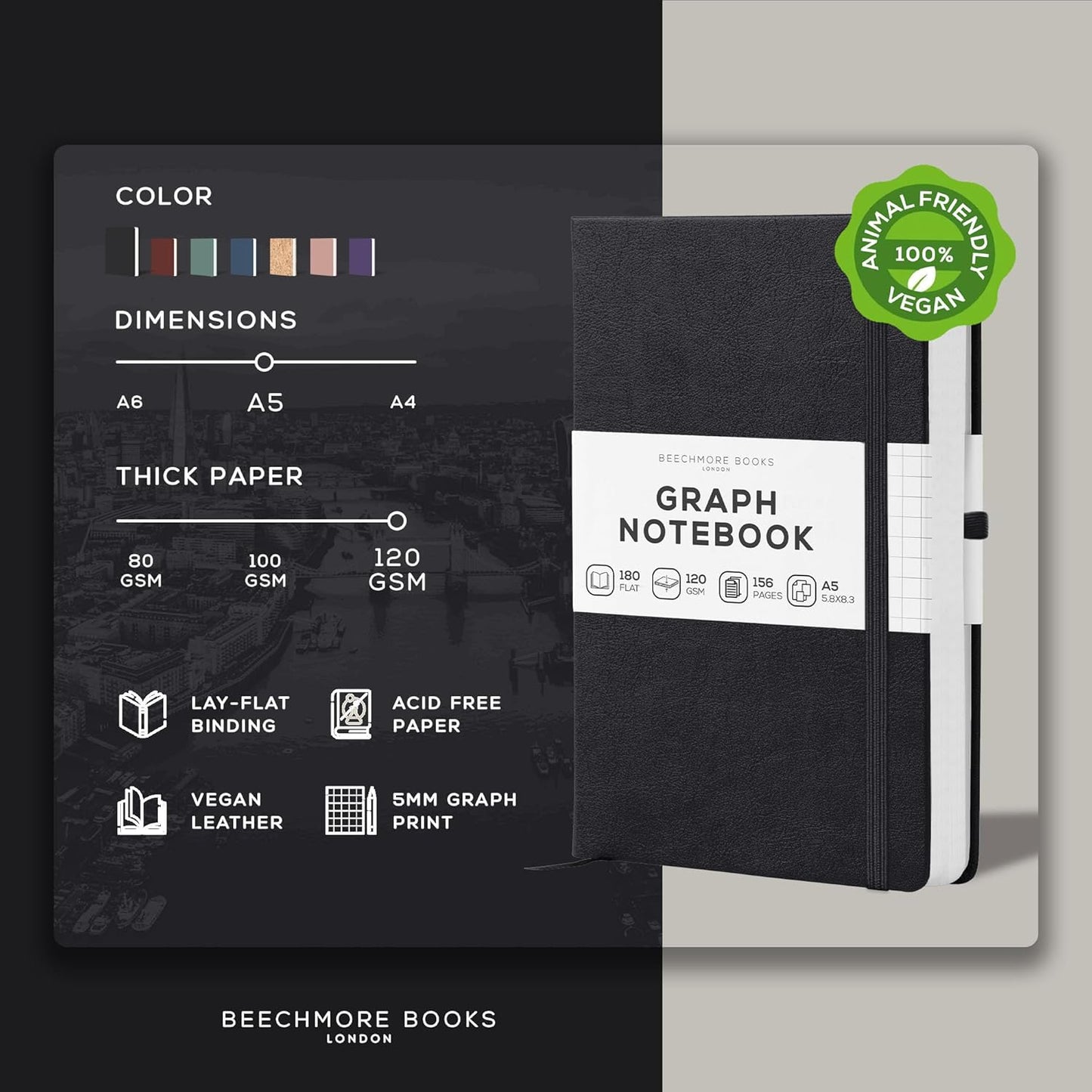 BEECHMORE BOOKS Graph Paper Notebook - Regular, Black | Premium Square Grid Math & Science Journal | 5.75" x 8.25" Hardcover Vegan Leather | Thick 120gsm Cream Graph Paper | Gift Box for Men & Women