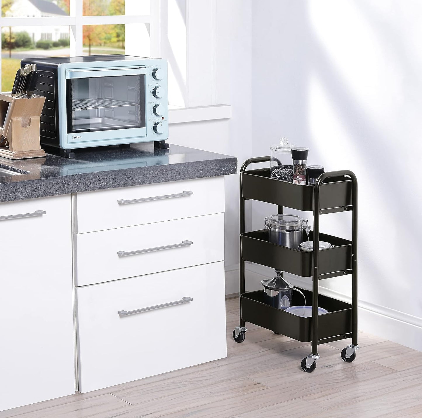 SunnyPoint 3-Tier Delicate Compact Rolling Metal Storage Organizer - Mobile Utility Cart Kitchen/Under Desk Cart with Caster Wheels - BLK (15.35" X 10.24" X 26.8"H)