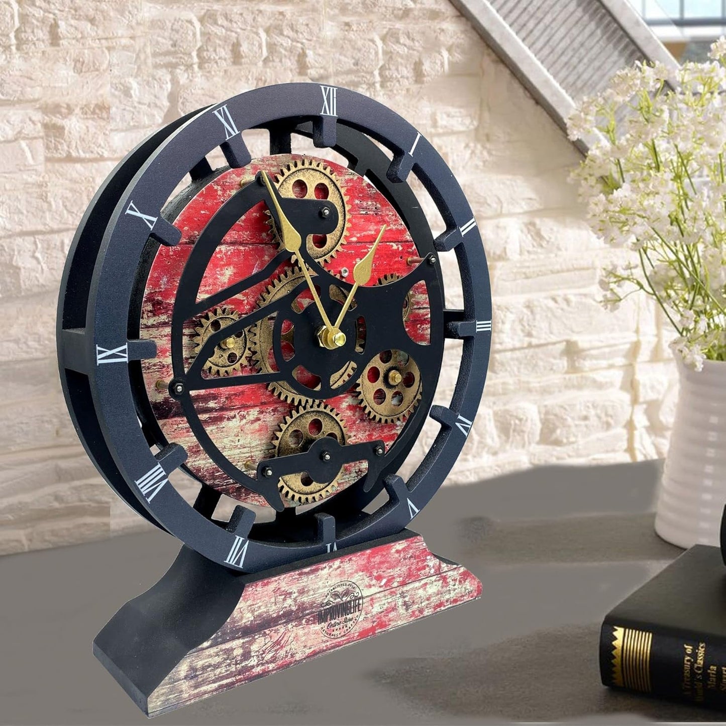 The Gears Clock Desk Clock 10 inches with Real Moving Gears Convertible into Wall Clock (Red Lava)