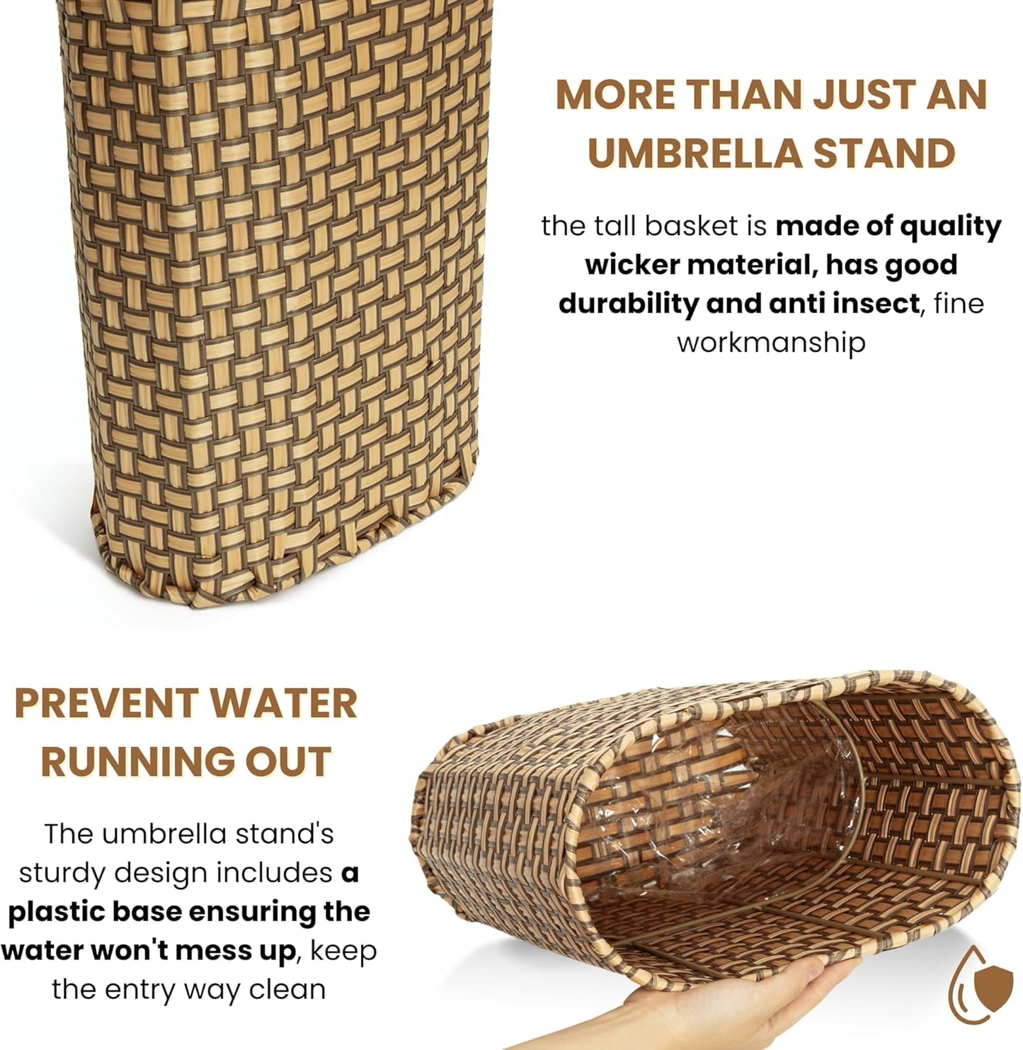 Umbrella Holder Entryway Umbrella Stand Indoor Entryway 6.7x17.3 Wicker Umbrella Bucket Basket Narrow Tall Umbrella Storage Bin Woven Faux Rattan Cane Holder Stands (Brown & Natural)