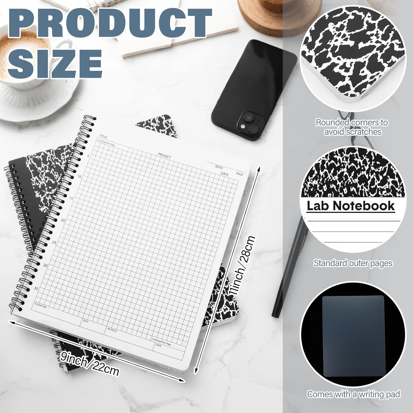 Carbonless Lab Notebook Carbon Copy Laboratory Engineering Chemistry Computation Notebook Science Grid Contains Set Pages Sheets Total Coil Binding(8.5'' X 11'',Black,2 Pack)