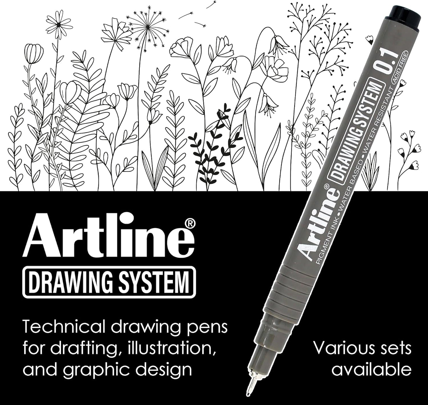 Artline 230 Drawing System Pens, Technical Drawing Pens For Drafting, Illustrating, and More, 0.1mm, 0.2mm, 0.3mm, 0.4mm, 0.5mm, and 0.8mm Fine Tips - Black, 6-Pack