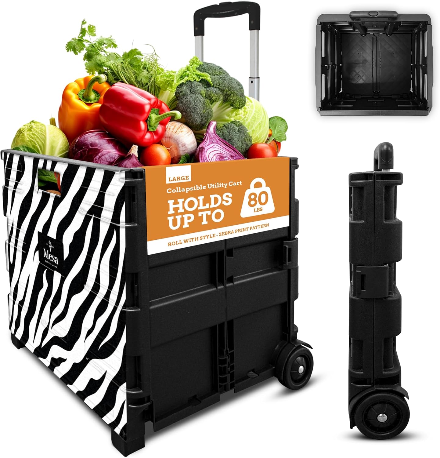 Inspired Living Ultra-Slim Rolling Collapsible Storage Pack-N-Roll Utility-carts, with Telescopic Handle, for Home, Garden, Shopping, Office, School use, Large, Zebra