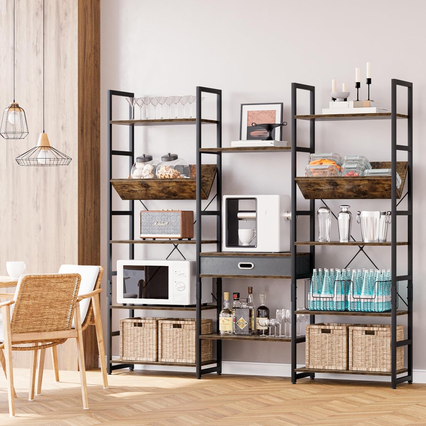 NUMENN Bookcases and Bookshelves Triple Wide 5 Tier Bookshelf, Large Etagere Bookshelf with Storage Drawer, Adjustable Open Display Shelves for Living Room Bedroom Home Office, Vintage Brown