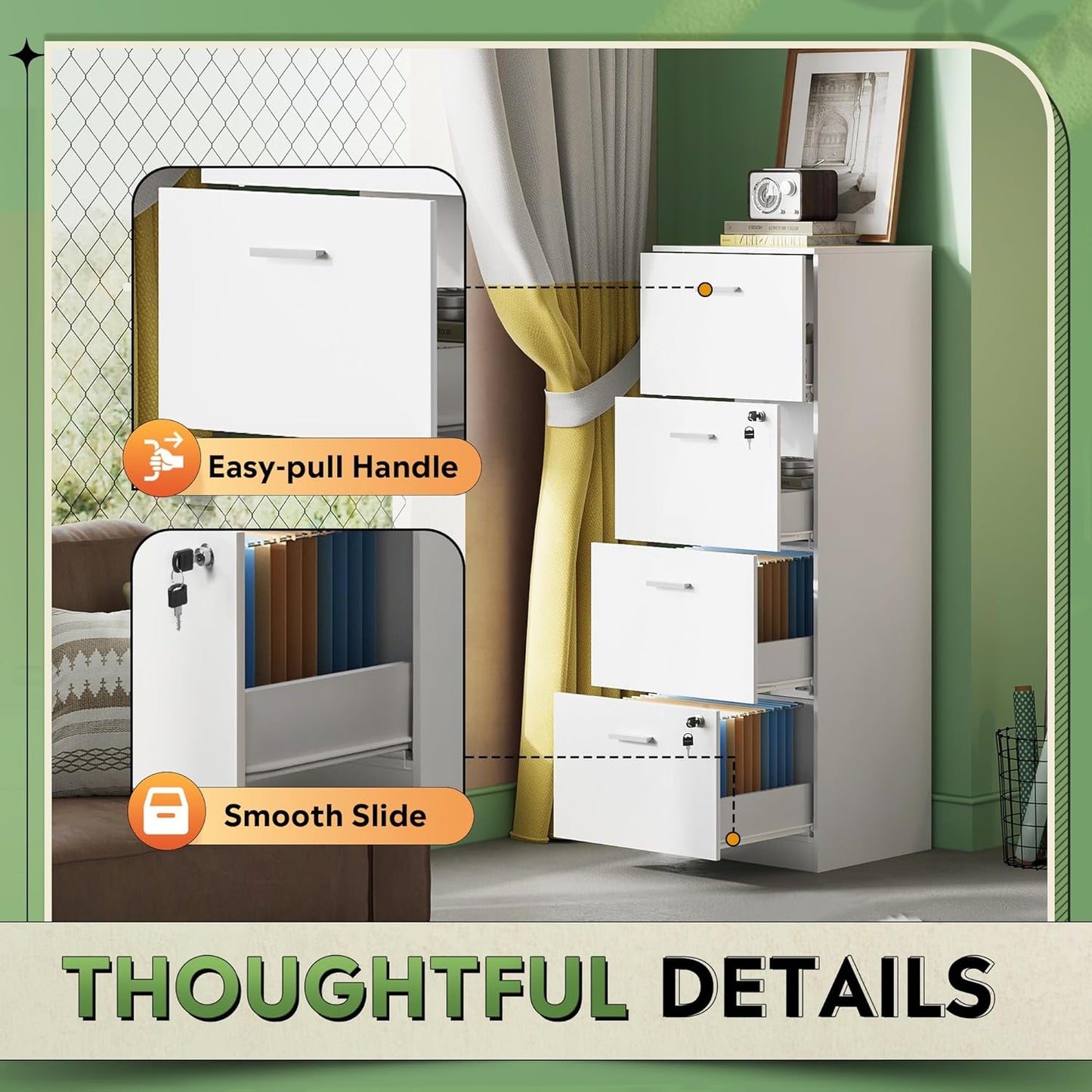 DEVAISE 4 Drawer File Cabinet with Lock, Vertical Filing Cabinet for A4/Letter Size Files, Wood Storage Organizer for Home Office, White