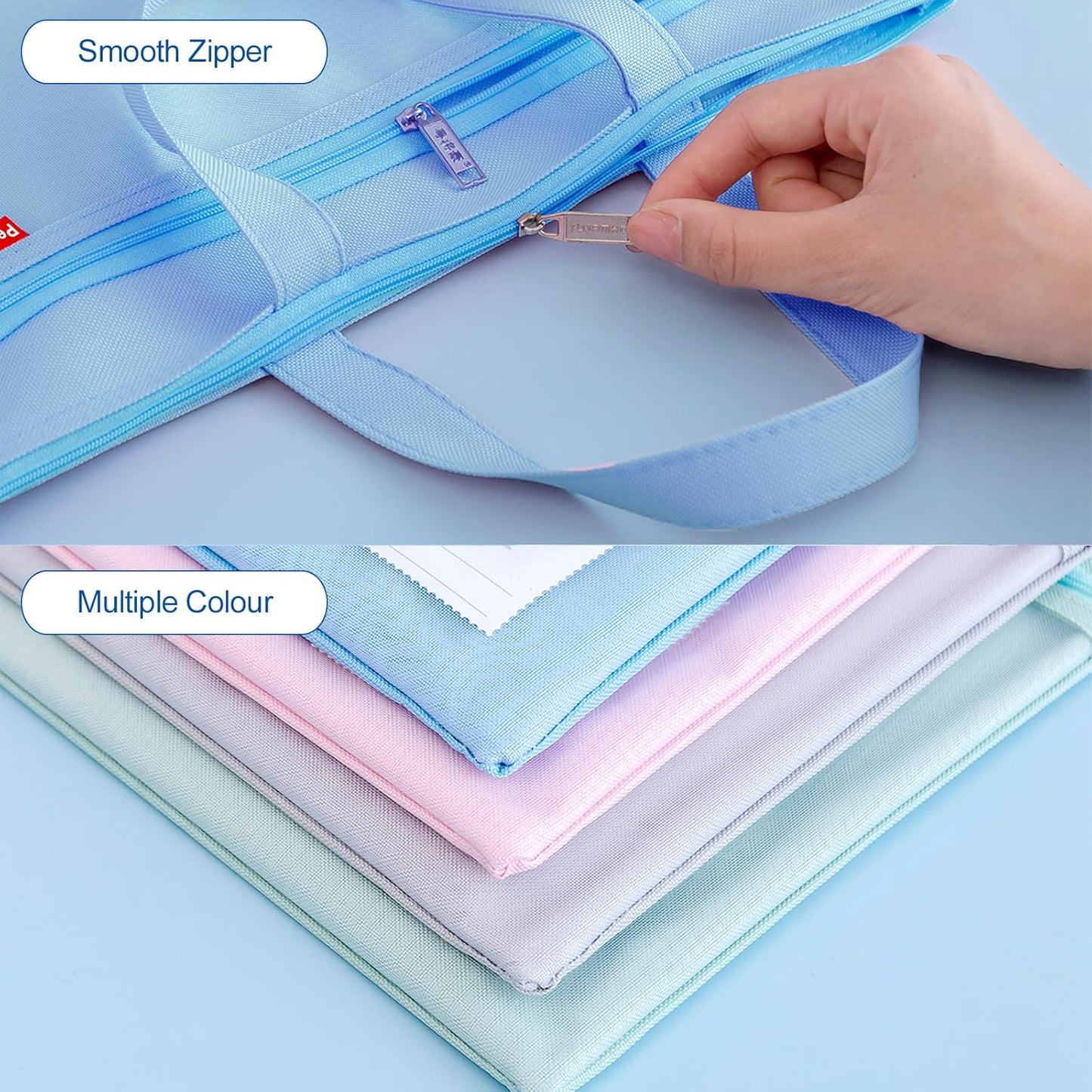 Pendancy Mesh Zipper Pouch 11x13.7 in, 2 pcs Large Double Pocket Waterproof File Bag with Handle, A4 Size Foldable Document Storage for Puzzle Project/Cross Stitch/Travel/Office（Gray Blue）