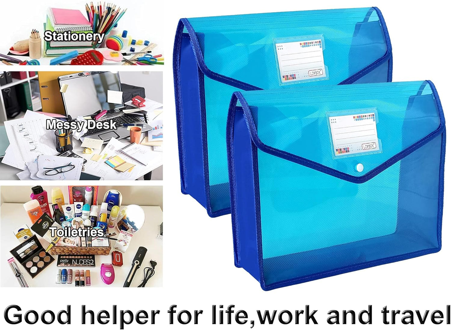 YoeeJob Plastic File Folders Legal Size 2 Pcs, Expandable Document Folder with Snap Button Closure, A4 Expanding File Wallet Envelopes Pouch with Label Pocket, Blue