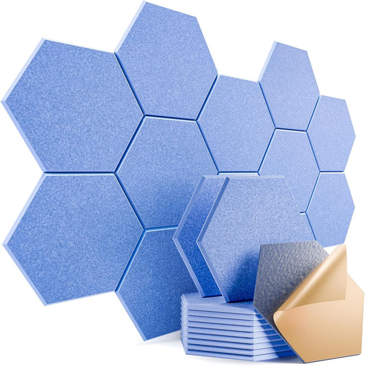 12 Pack Self-adhesive Acoustic Panels 12" X 10" X 0.4" - Sound Proof Foam Panels with High Density, Stylish Hexagonal Design, Flame Resistant, Absorb Noise and Eliminate Echoes(Steel Blue)