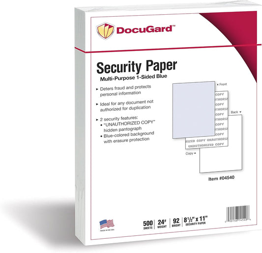 DocuGard Standard Blue Multi-Purpose Security Paper - Fraud Prevention - 2 Security Features - Laser & Inkjet Printer Compatible - 8.5" x 11“ - 24 lb - 500 Sheets (04540)