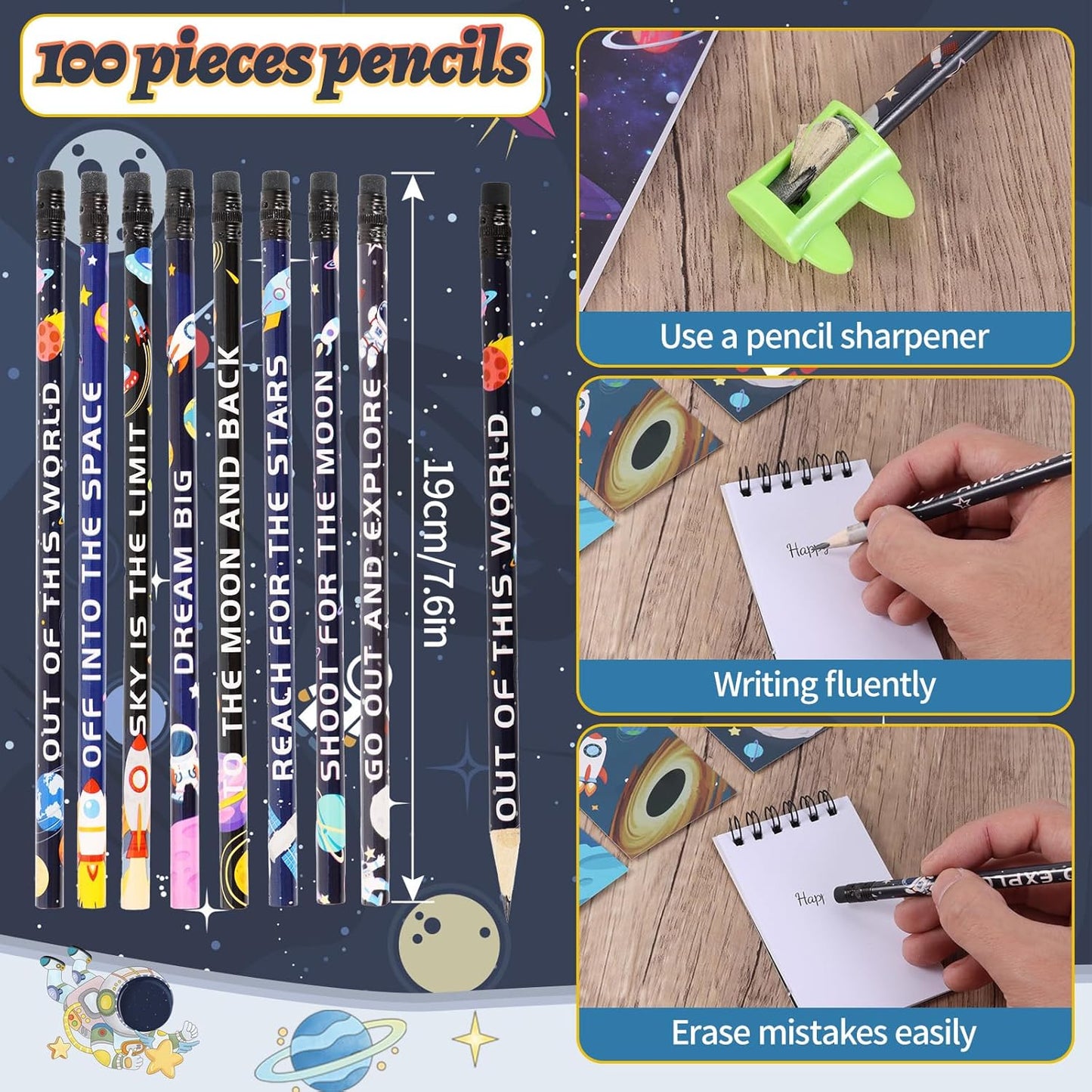Kolewo4ever 148 Pieces Outer Space Theme Stationery Set:100 Space Pencils Astronaut Pencils 24 Planet Rocket Mini Spiral Notepad Memo Pad 24 Space Ship Metal Charms Bookmarks