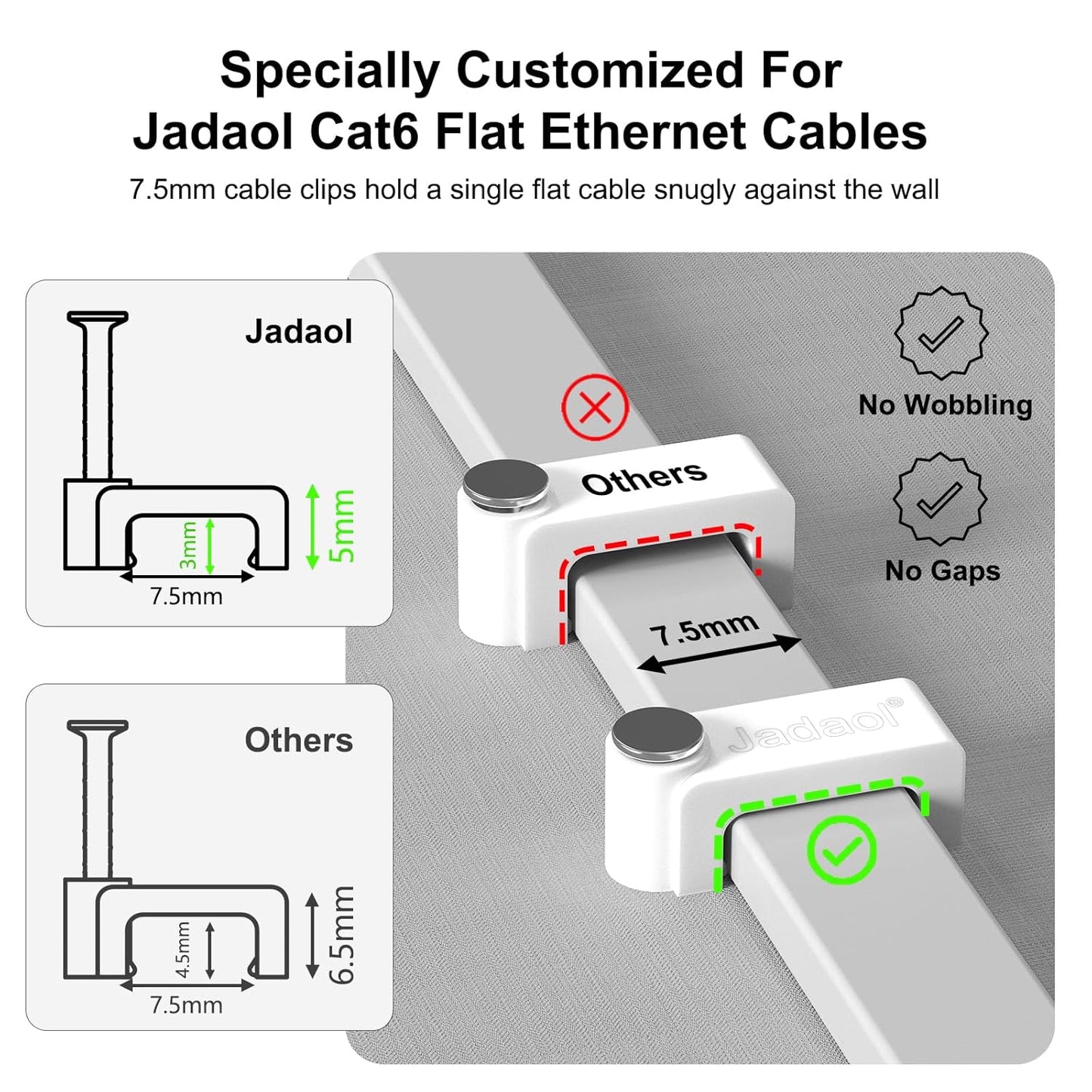 Jadaol 100Pcs 7.5mm Cable Clips with Nails, Custom Fit for Jadaol Cat6 Flat Ethernet Cable, Wall Wire Tacks for RJ45 LAN, Coax, Speaker, and Network Cables