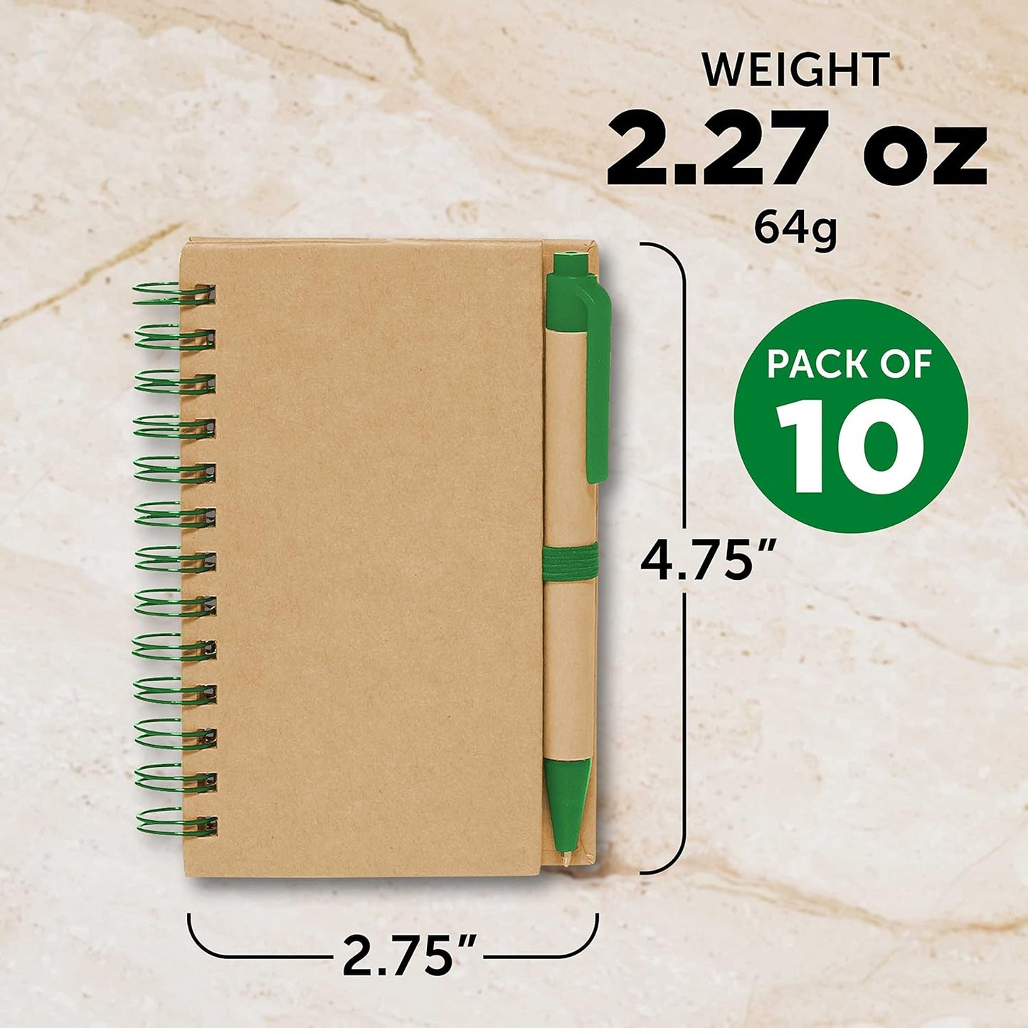Mini Spiral Notebooks with Black Ink Pens Set of 10, Bulk Pack - Perfect for School, Office, Business, Home - Green