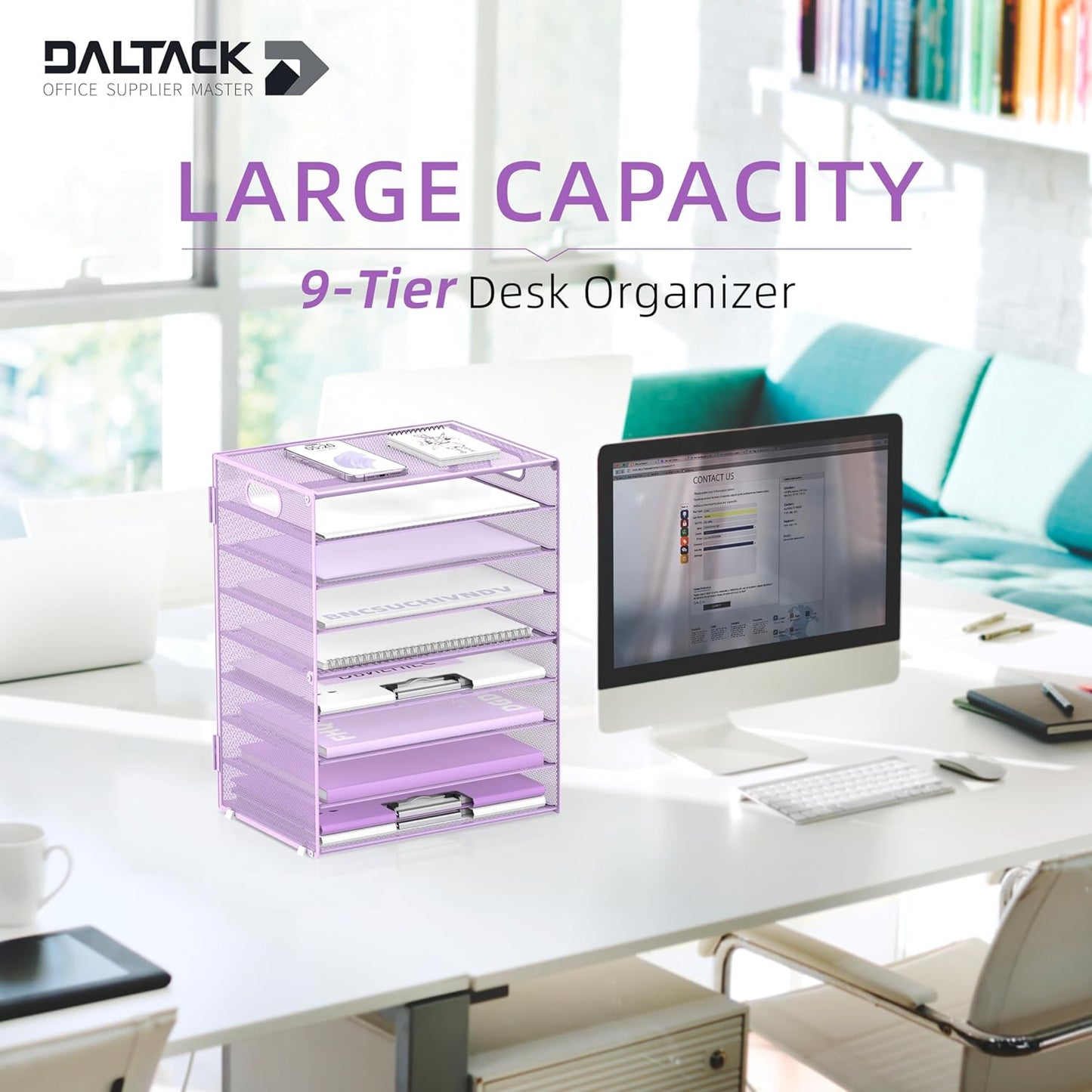 DALTACK 9-Tier Paper Letter Tray Desk Organizer with Handles, Mesh File Holder Organization, Paper Sorter Desk Organizer for Office Home School, Purple 2 Pack