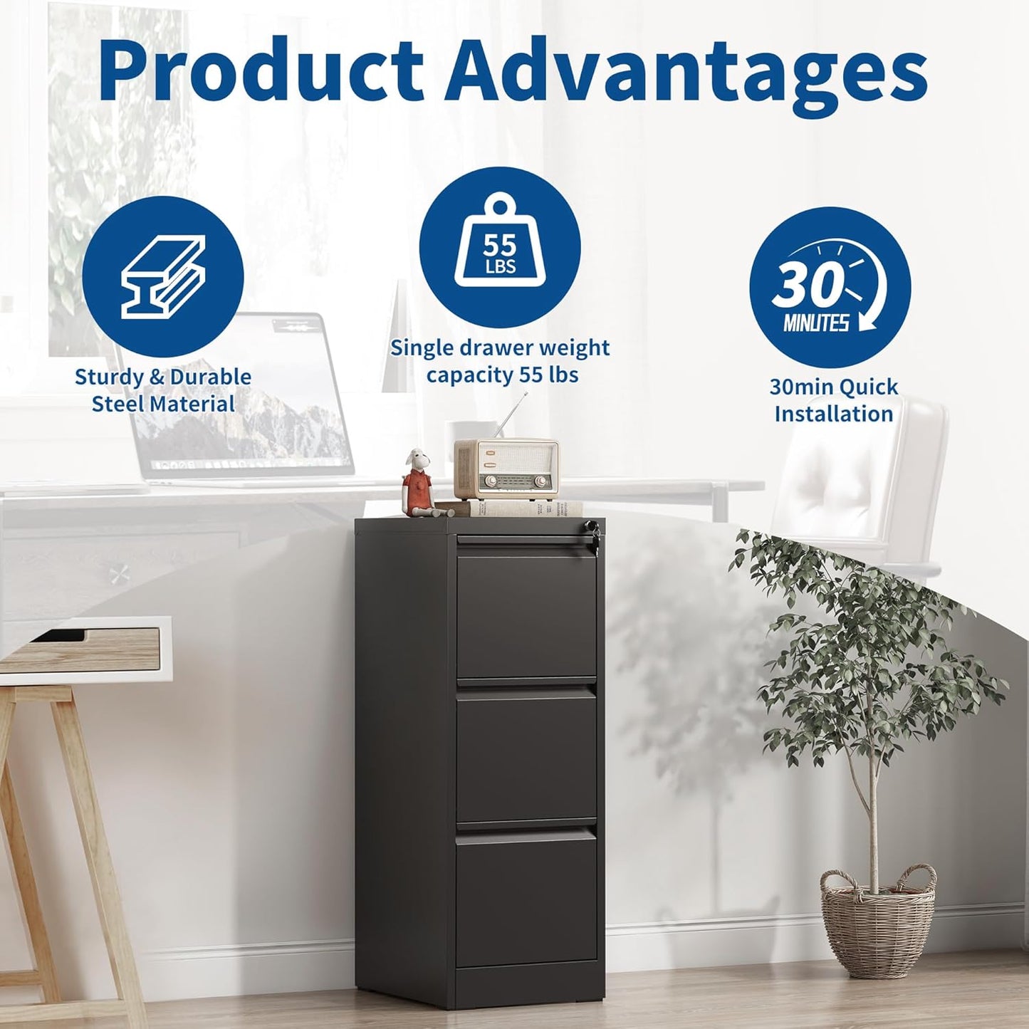 3-Drawer Locking Vertical File Cabinet, Metal Storage Cabinet for Office/Home – Secure Vertical Filing for Letter/Legal/A4/F4 Documents, Easy to Assemble Steel Cabinet, Black (Black, 3 Drawer-40 H)