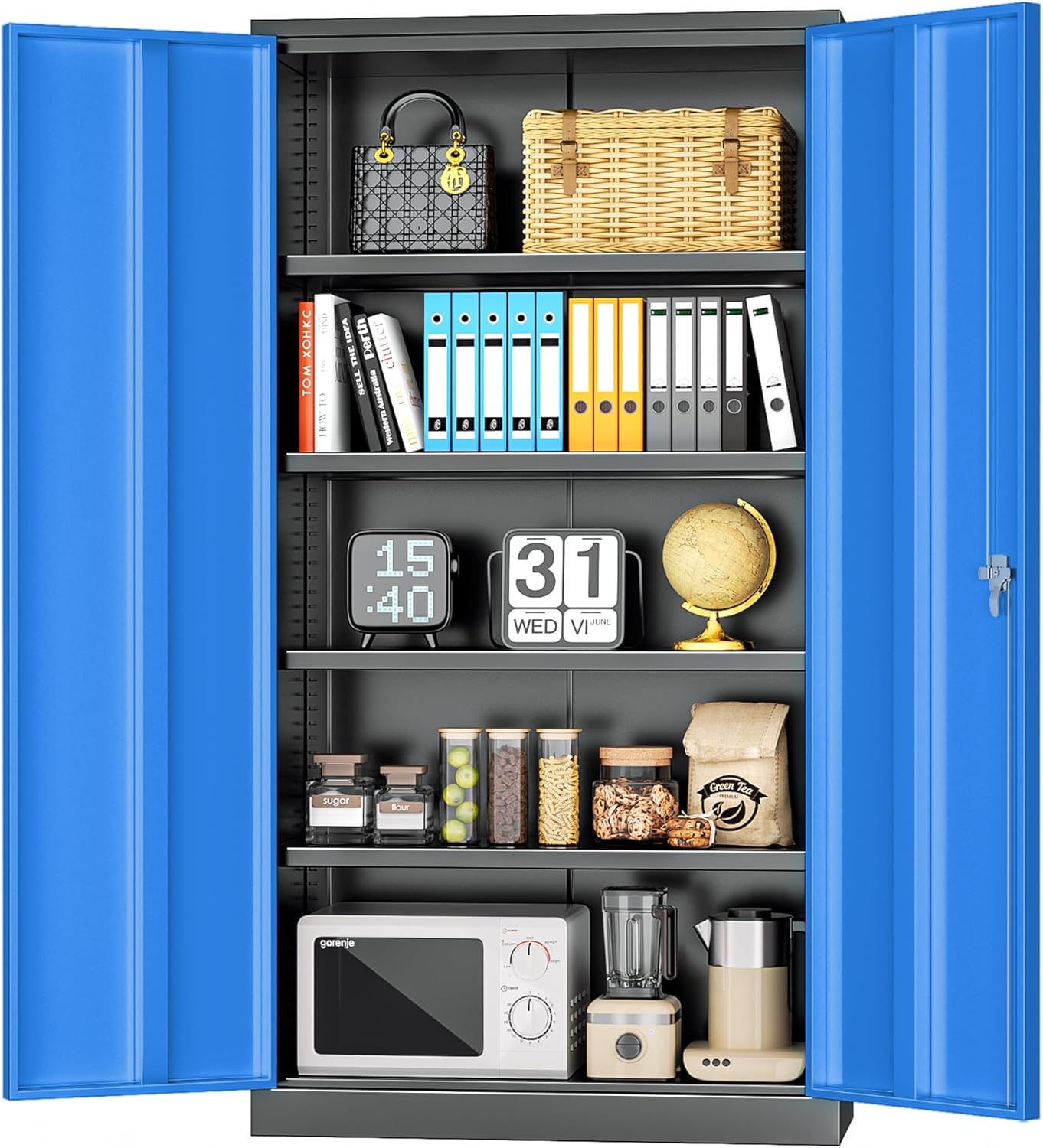 INTERGREAT Garage Storage Cabinets with Doors and Shelves,72" H Steel Locking Cabinets Storage with Lockable Door,Metal Storage Cabinet for Home Office,Warehouse,School,Black Blue