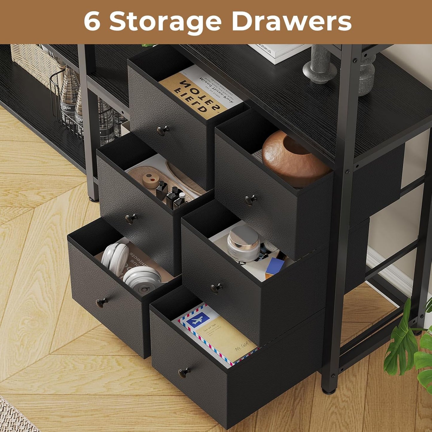 Corner Bookshelf, 6 Tier Industrial Convertible Bookshelf with 6 Fabric Drawers, Corner Bookcase Large L Shaped Storage Display Shelf for Home Office, Living Room, Kitchen, Black