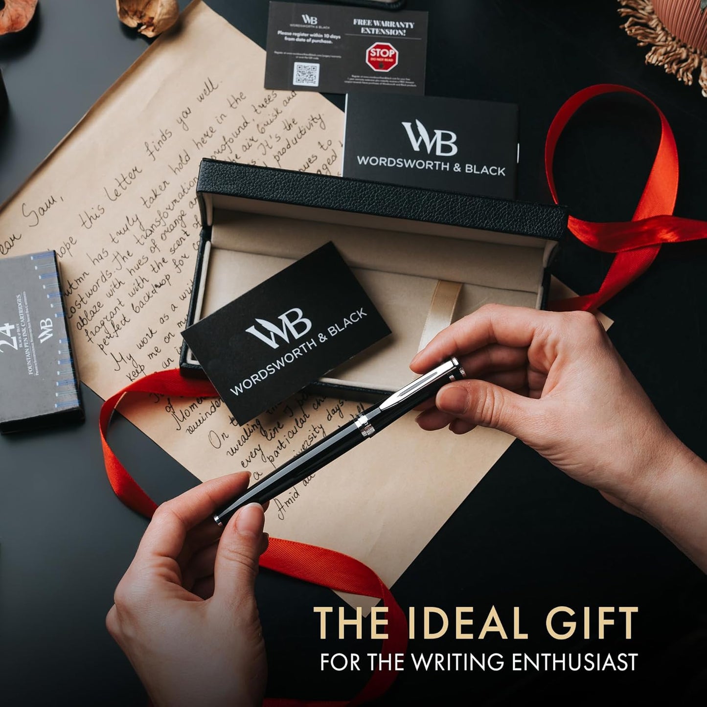 Wordsworth & Black Fountain Pen Set, Fine Nib, Includes 24 Pack Ink Cartridges, Ink Refill Converter & Gift Box, Chrome Finish, Calligraphy, [Black Chrome], Perfect for Men & Women