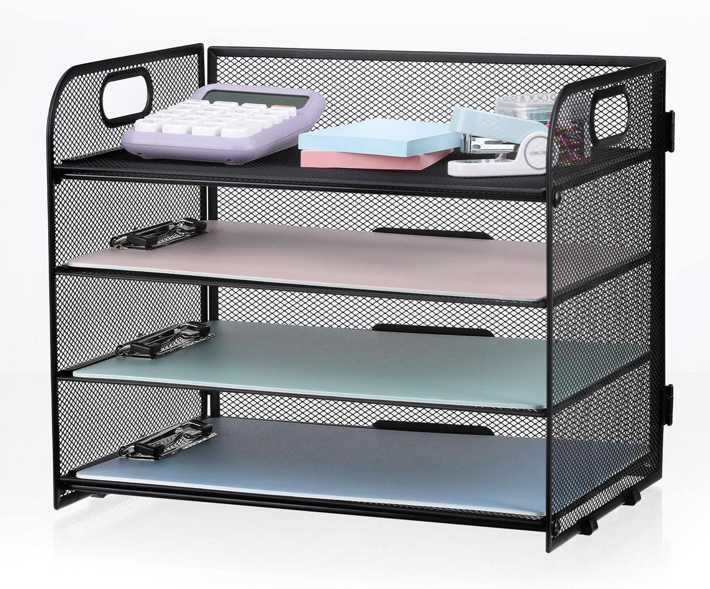 4-Tier Mesh Letter Tray Paper Organizer, Desk File Organizer with Handle - Black