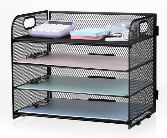 4-Tier Mesh Letter Tray Paper Organizer, Desk File Organizer with Handle - Black