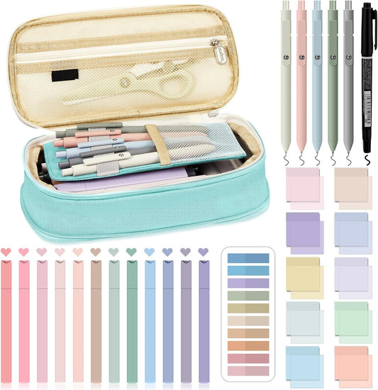 Jutom 39 Pcs Aesthetic Book Annotation Kit Highlighter with Pencil Case Bag Gel Pen Transparent Sticky Note Taking Bible Study College School Supplies(Mint Green,Cute Style)