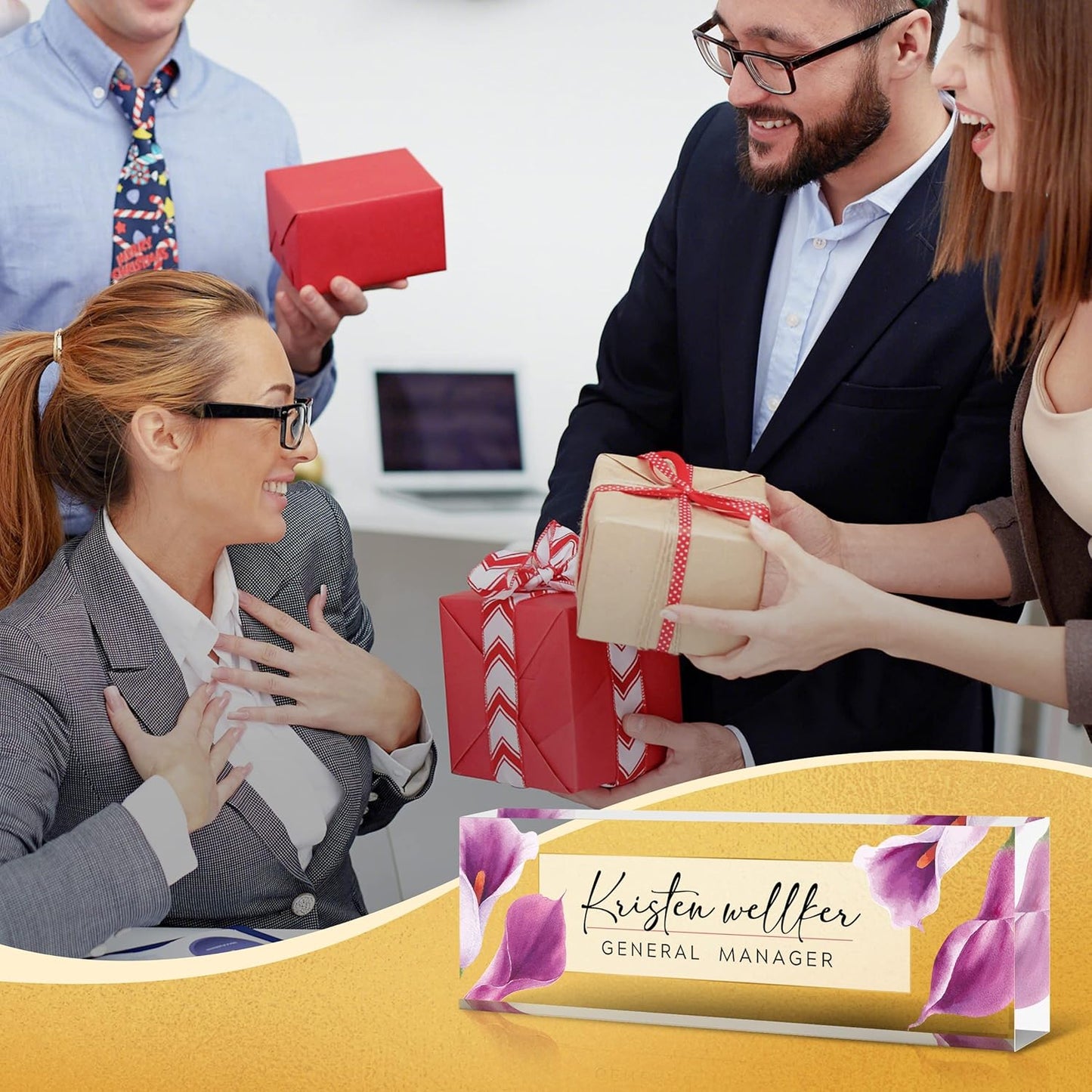 Desk Name Plate Personalized, Premium Purple Calla Lily Acrylic Desk Name Plate, Personalized Name Plate for Desk, Office Decor for Women or Men Coworkers, Boss, Employee, Teacher