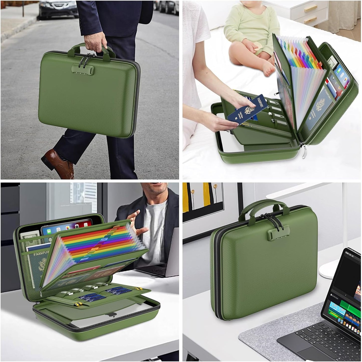 DocSafe Fireproof File Organizer with Lock, Hard-Shell Case Fireproof Document Box with 13 Pocket Accordion File Folder, Portable Home Office Travel Safe Storage for Important Documents Laptop Green