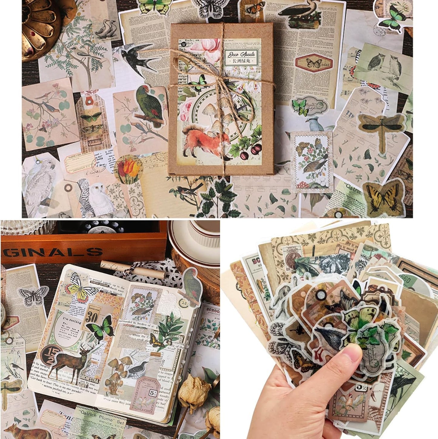 200PCS Vintage Scrapbooking Supplies Pack, Aesthetic Scrapbook Sticker Paper Art Journaling Kit for Bullet Junk Journals,Planner,Cottagecore Decor Gifts (Animal)