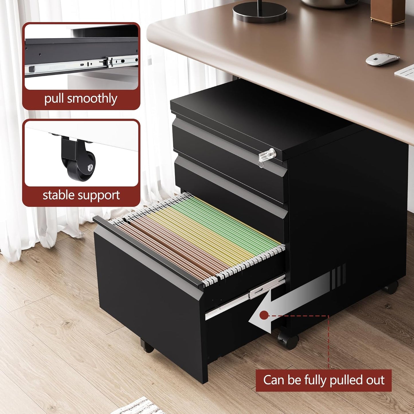 3 Drawer File Cabinet，Mobile Filing Cabinet with Lock and Wheels，Un-Assembled Metal Under Desk File Cabinets for A4/Letter/Legal Size（Black