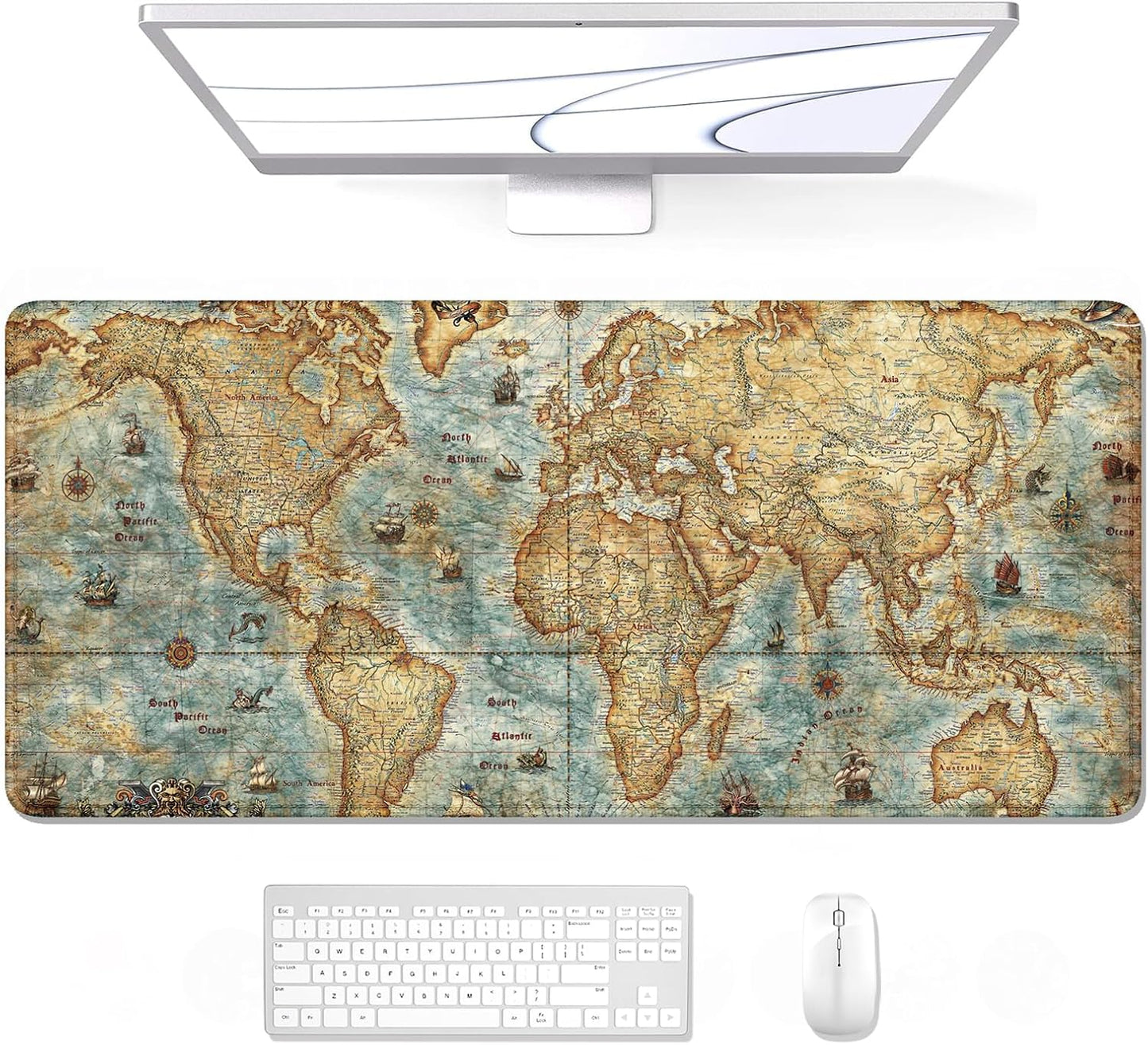 Auhoahsil Large Mouse Pad, XXL Gaming Mousepad, Desk Mat for Desktop, Thick Rubber, Big & Long Size, Stitched Edges, Full Desk Pad for Laptop & Computer, Extended 31.5 x 11.8 in, Vintage World Map