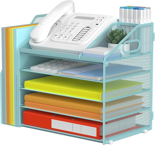 DocNest 5 Tier Paper Letter Tray File Organizer, Mesh Desk File with Handle, Workspace Desk Organizers with Pen Holder, Office Organization Storage Accessories - Blue