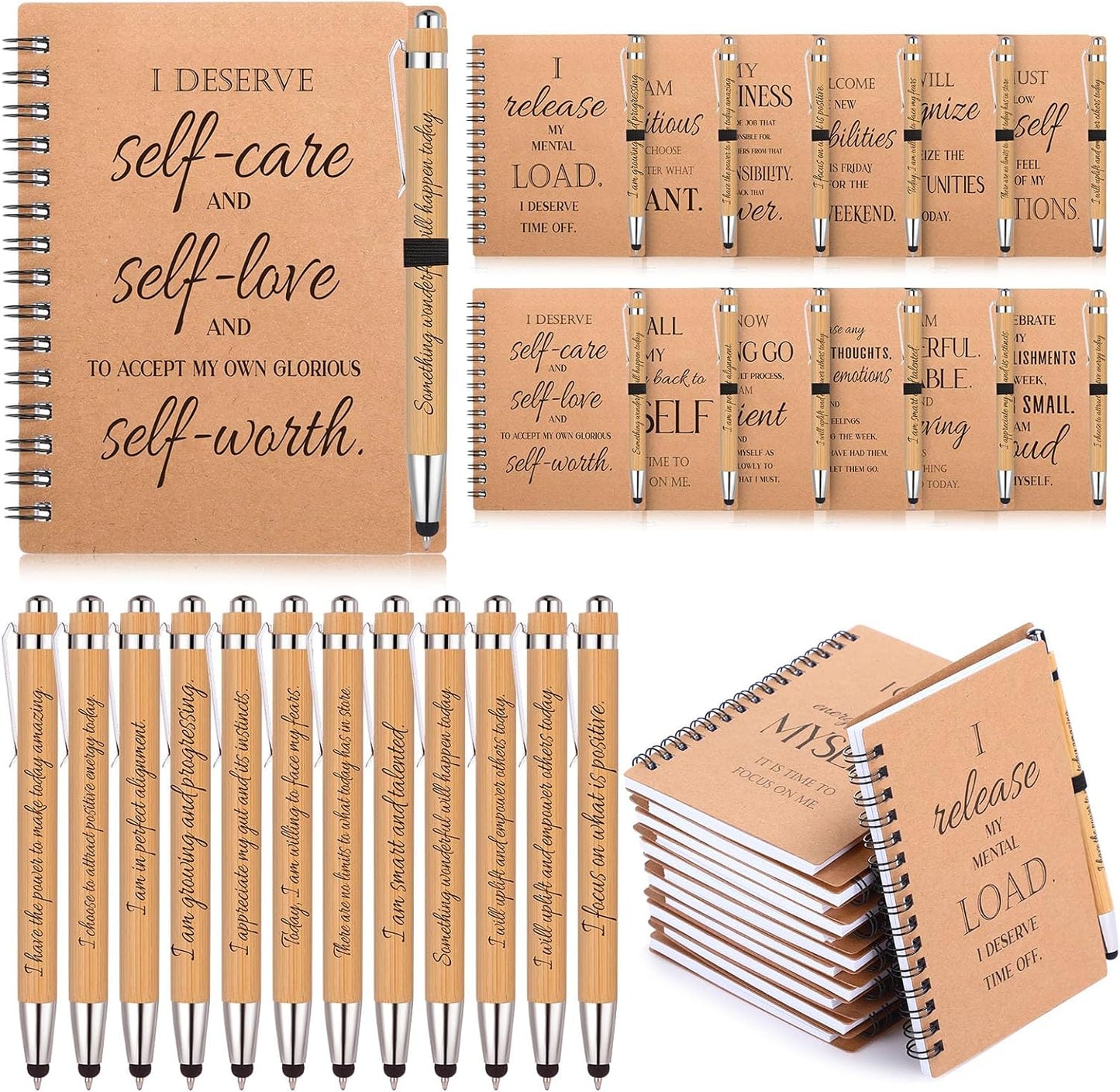 Pasimy 24 Pcs/12 Set Bulk Positive Affirmation Spiral Notebooks with Bamboo Pen Daily Affirmation Gift Set Motivational Encouragement Notepad Small Journals 5.5 x 3.9 Inch for Women Self Care