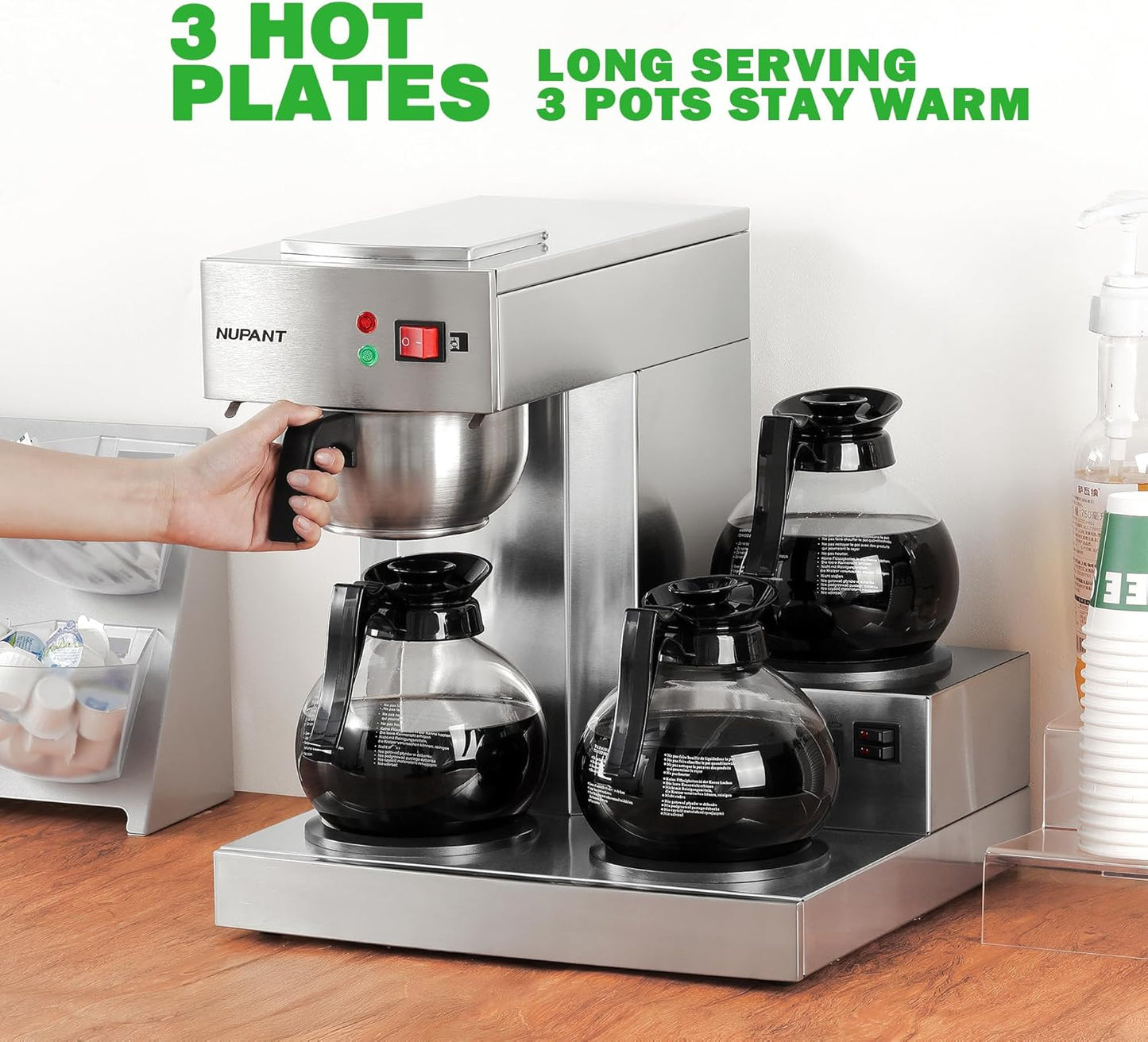 12 Cup Commercial Coffee Maker, Drip Coffee Maker Machine with 3 Warmers Plate and 3 Glass Decanters, Stainless Steel Pour Over Commercial Coffee Brewer for Restaurant, Office, Cafe Use