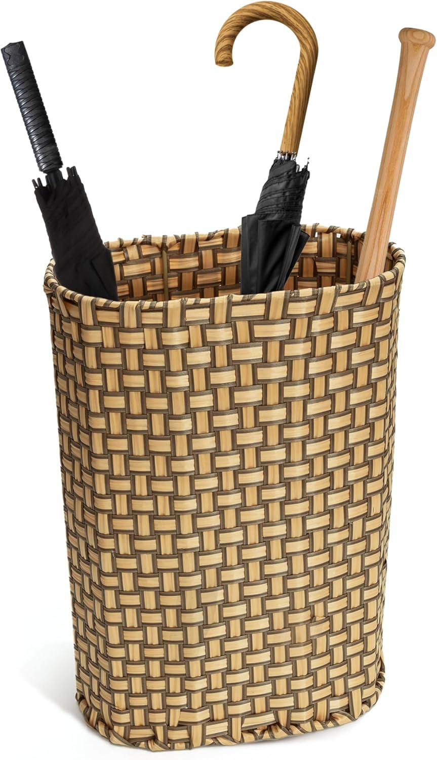 Umbrella Holder Entryway Umbrella Stand Indoor Entryway 6.7x17.3 Wicker Umbrella Bucket Basket Narrow Tall Umbrella Storage Bin Woven Faux Rattan Cane Holder Stands (Brown & Natural)