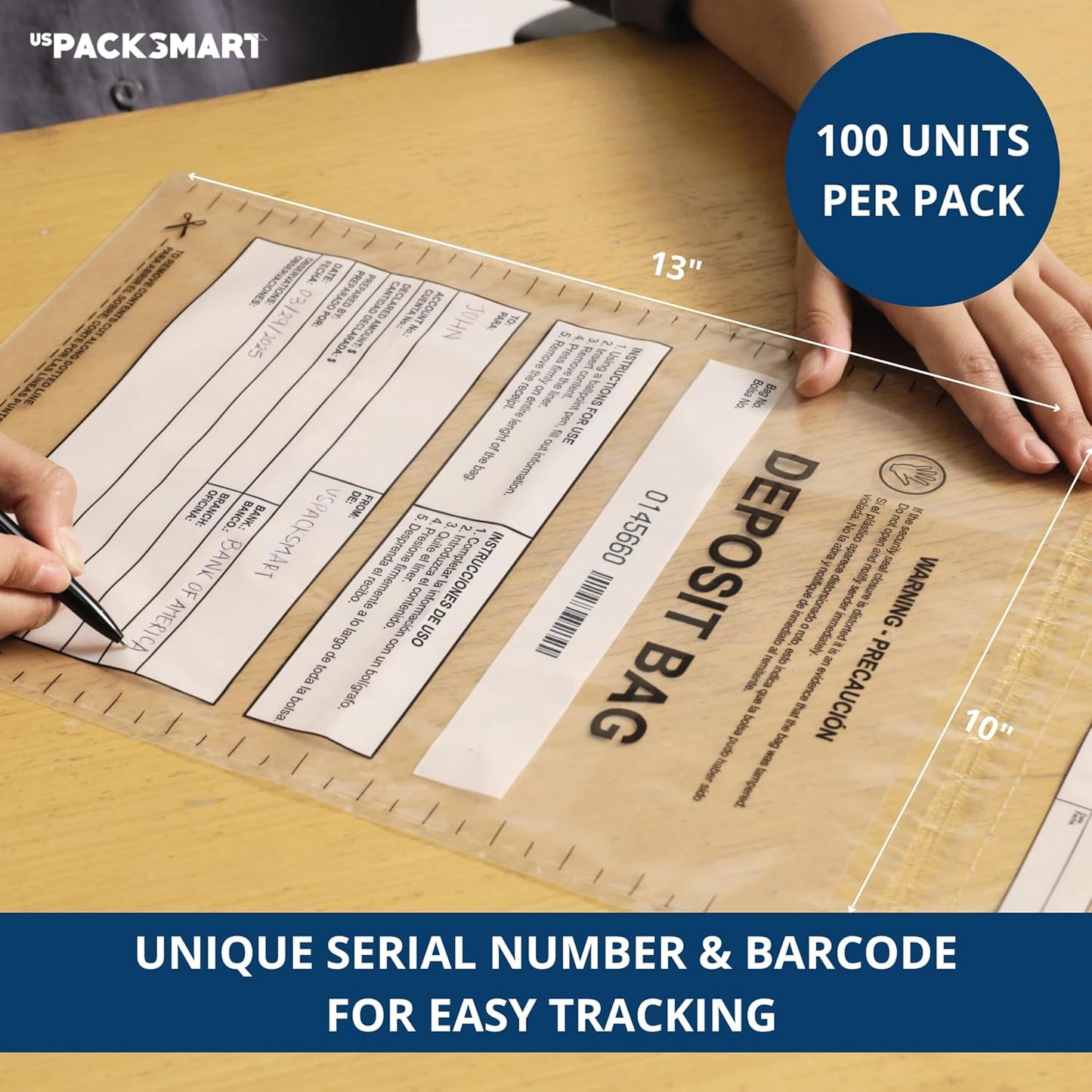 Clear Plastic Deposit Bags 10"x13" | Secure Bank Deposits, Cash Handling or Safe Currency Transportation | Sequential Barcodes | Tamper-Evident | Tear-Off Receipt for Security | 100-Pack
