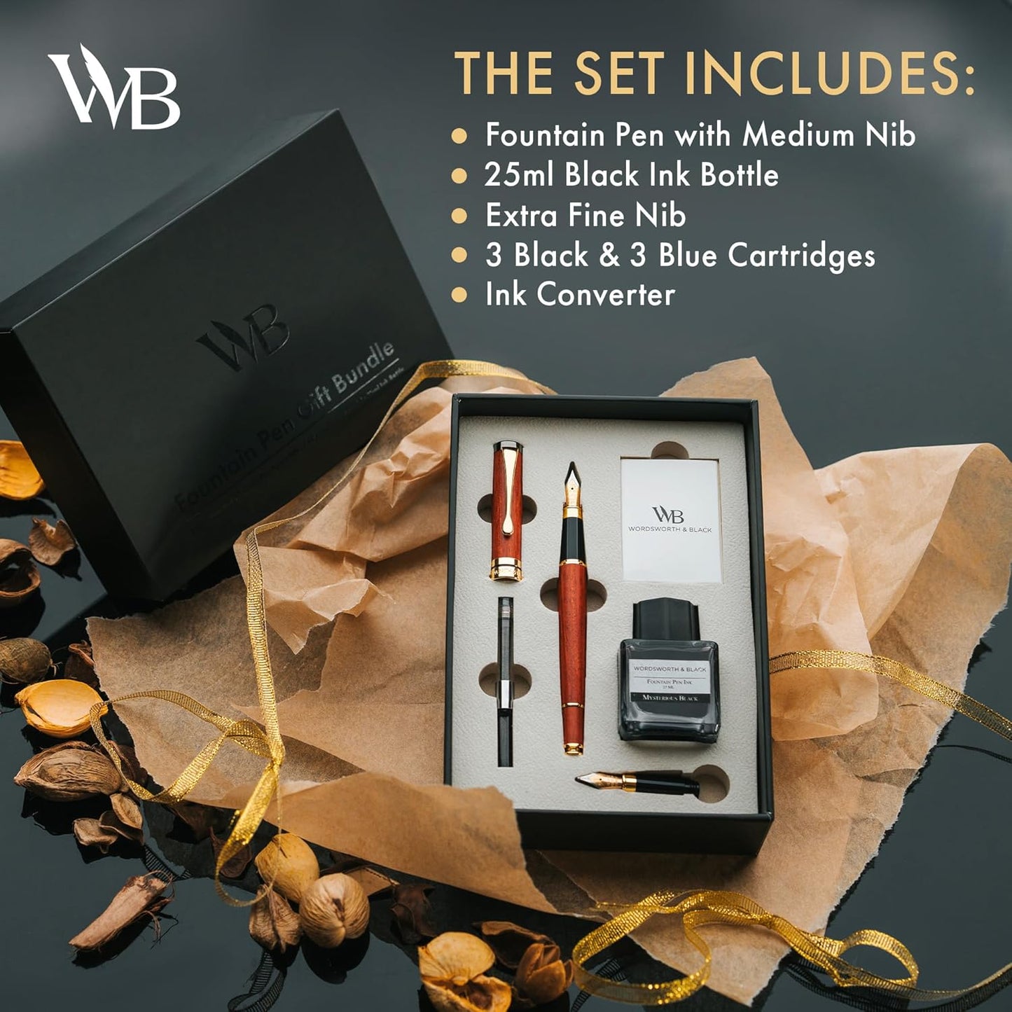 Wordsworth & Black Fountain Pen Set, Luxury Bamboo Wood - Medium Nib, Extra Fine Nib, Gift Case; 25ML Black Ink Bottle, 6 Ink Cartridges, Refill Converter - Calligraphy, Writing [Rosewood]