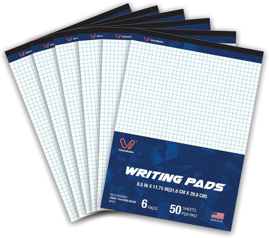 Woodlake Graph Paper Pads 8.5 x 11, 4x4 Quad Ruled, Premium Thick Paper Made In USA, No Ink Bleeding, 50 Sheets Per Pad,6 pack, Micro-Perforated Graph Paper Notebook