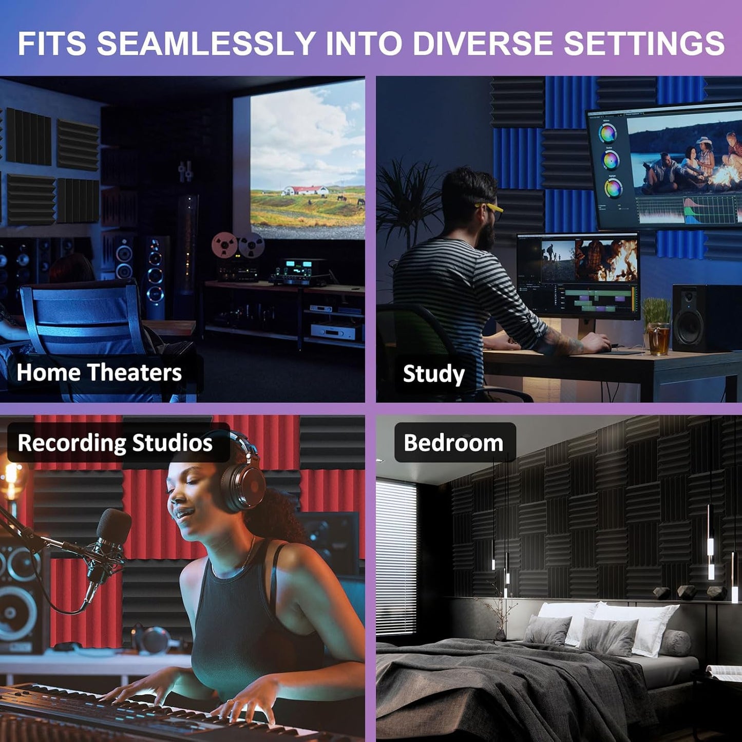 JBER 6 Pack Acoustic Foam Wedge, 2" X 12" X 12" Studio Soundproofing Panels Fire Resistant Sound Proof Padding Acoustic Treatment Foam (6 Square Feet, Charcoal)