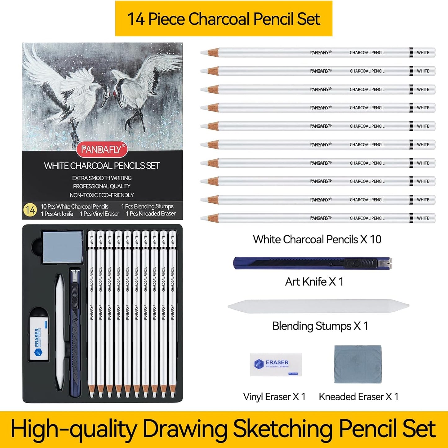 PANDAFLY White Charcoal Pencils Set, Professional 14 Piece Charcoal Pencils for Drawing, Sketching, Shading, Blending, White Chalk Pencils for Kid, Beginners & Pro Artists