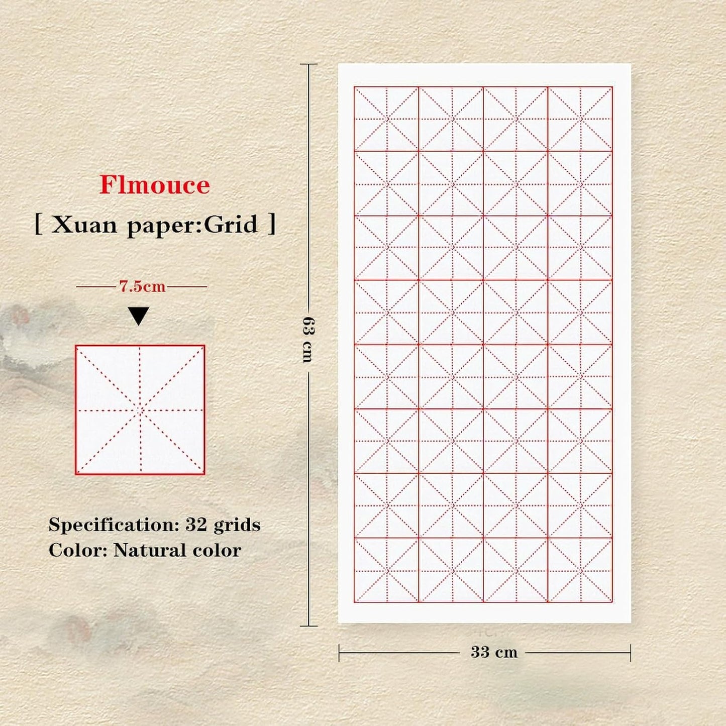 Xuan Paper, Chinese Calligraphy Paper with Grid for Practice, Rice Paper for Brush Writing(White, Grid-7.5cm,100 Sheets)