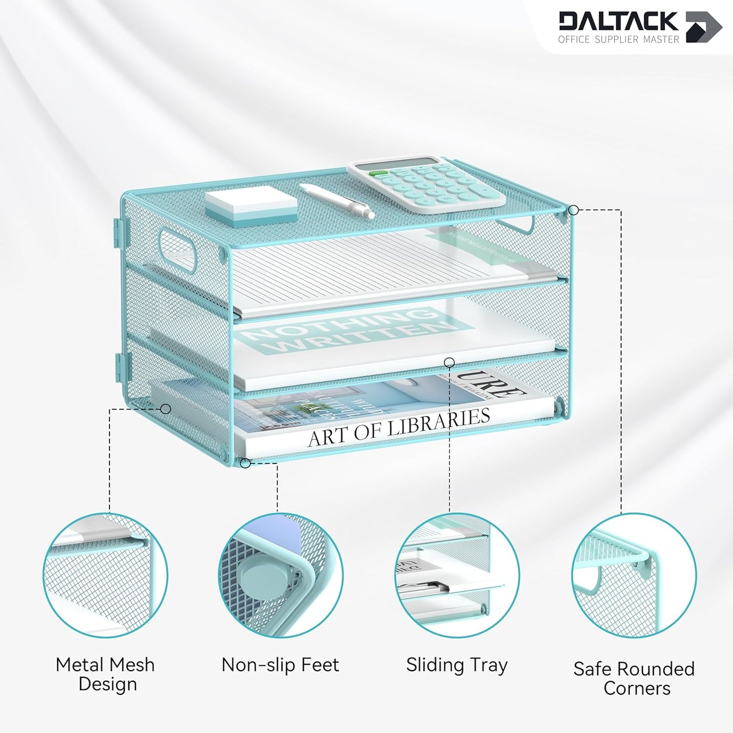 DALTACK 3 Tier Letter Tray Paper Organizer with Handle, Mesh Desk File Organizer, Paper Tray Desk Organizer for School Office Home, Metal Mesh, Light Blue