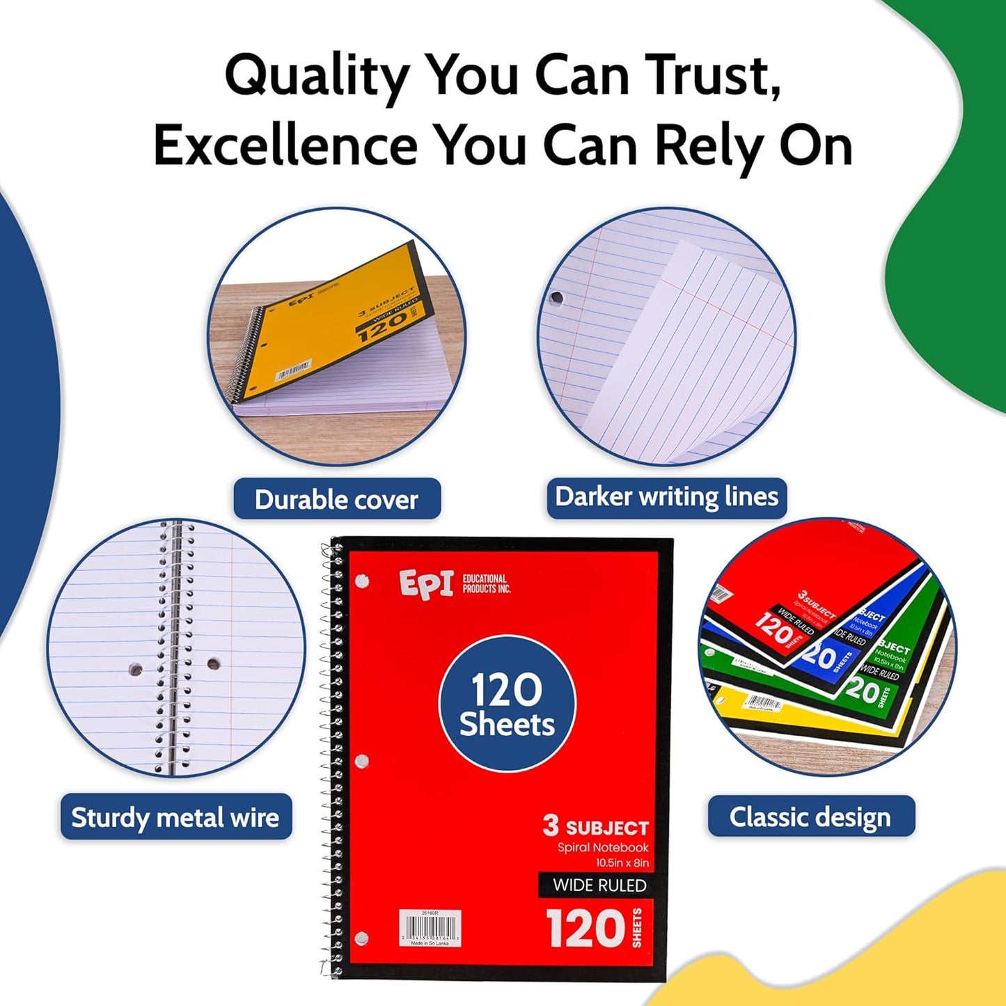 EPI Spiral Notebook | 3 Subject - Wide Ruled - 120 Sheets, Durable Spiral Binding | 10.5 x 8 in | Classroom Supplies | School, Office, Note Taking, Journaling - 3 Pack