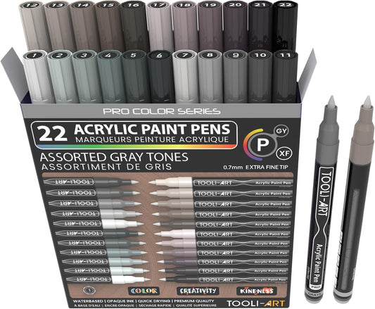 Acrylic Paint Pens 22 Gray Tones Assorted Pro Color Series Markers Set 0.7mm Extra Fine Tip for Rock Painting, Glass, Mugs, Wood, Metal, Canvas, Projects, Non Toxic, Waterbased, Quick Drying