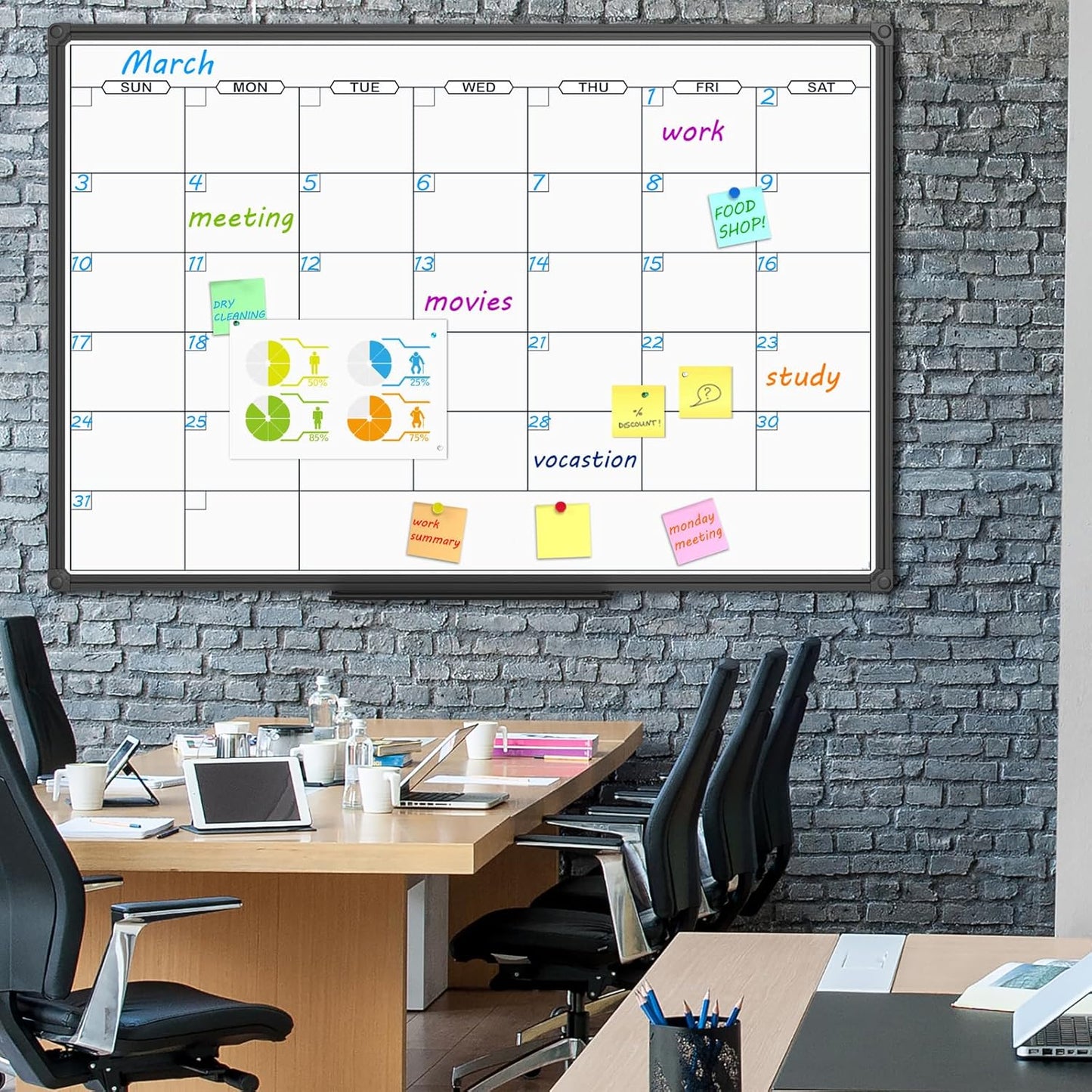 JILoffice Dry Erase Calendar Whiteboard - Magnetic White Board Calendar Monthly 48 X 36 Inch, Black Aluminum Frame Wall Mounted Board for Office Home and School