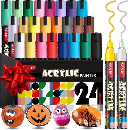 SFAIH Halloween Acrylic Creative Markers - 24 Colors 3mm Replaceable Nibs, Ultra-High Coverage, Large Ink Capacity, Drawing Markers for Pumpkin Painting, Graffiti Wood Fabric Rock Glass DIY Crafts