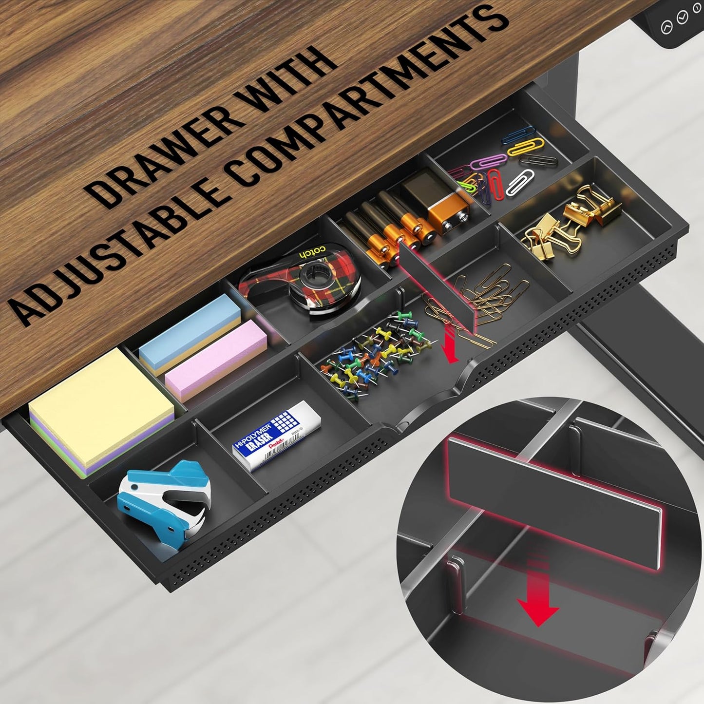 SHW 55 x 28 Inches Electric Height Adjustable Standing Desk with Drawer and Memory Preset, Walnut